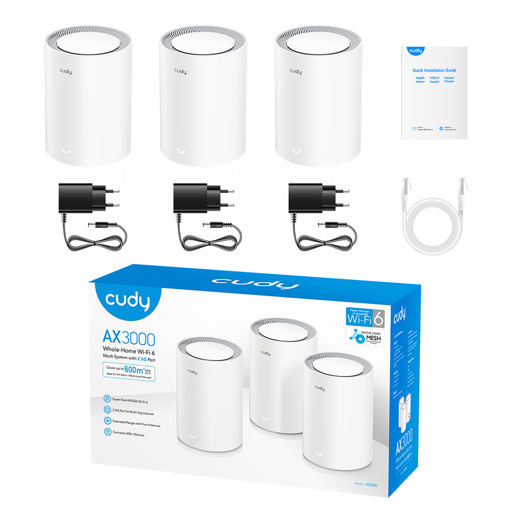 Cudy M3000 AX3000 2.5G Dual Band Wi-Fi 6 Mesh System, 3-Pack | Covers up to 7000 Sq.Ft., Replaces Wireless Router and Extender, Supports Ethernet Backhaul