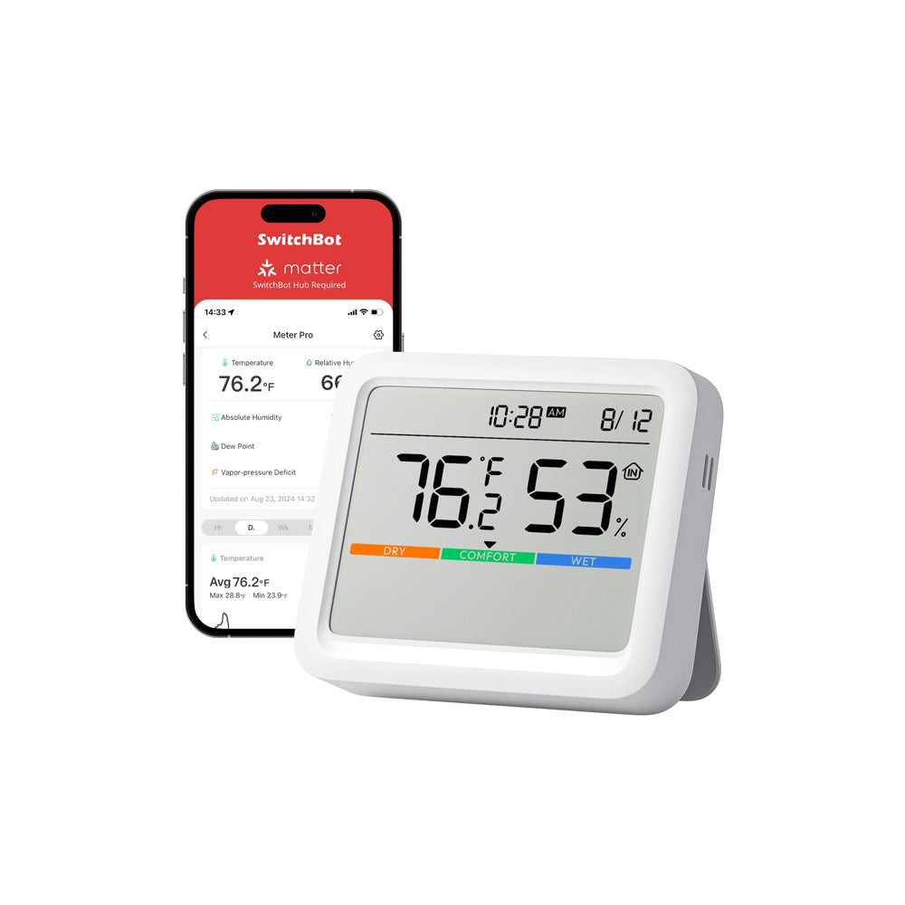 SwitchBot Bluetooth Temperature and Humidity Monitor Meter Pro, Wireless Indoor Hygrometer Sensor with App Control, Thermometer for Room, Free Data Storage Export, 120cm Bluetooth Range