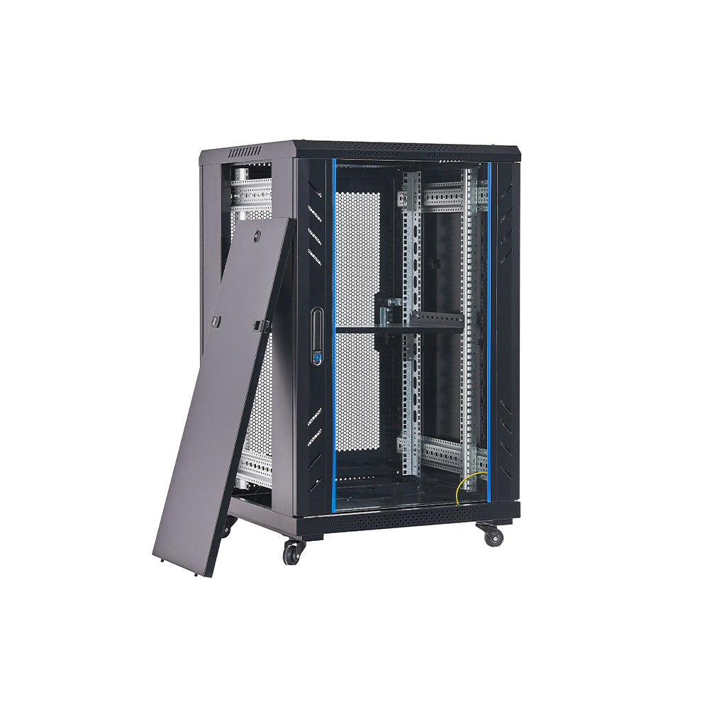 18U Cabinet on Casters with Brake, Locking Glass Door and 2 Fans (Unassembled), 600x600MM