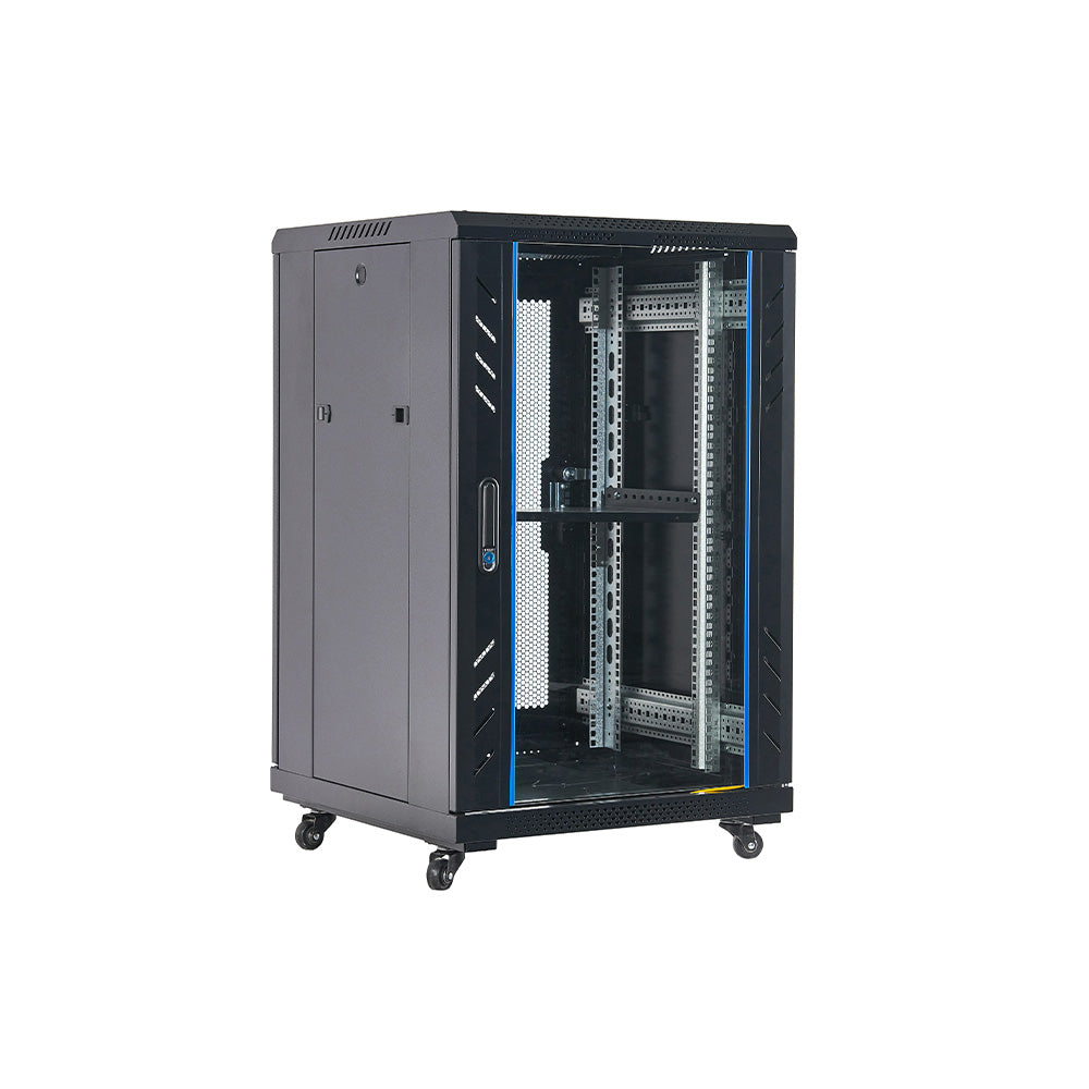 18U Cabinet on Casters with Brake, Locking Glass Door and 2 Fans (Unassembled), 600x600MM