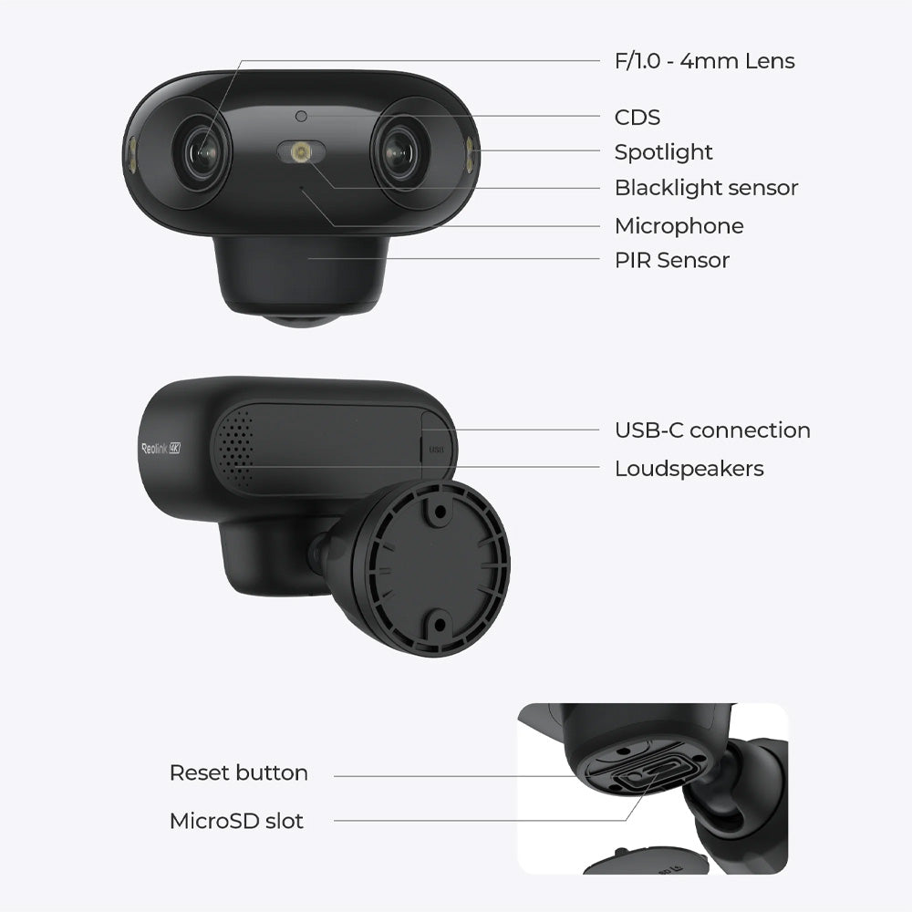 Reolink Argus B740X Battery-Powered 8MP Dual-Lens Camera with Solar Panel 2, Black