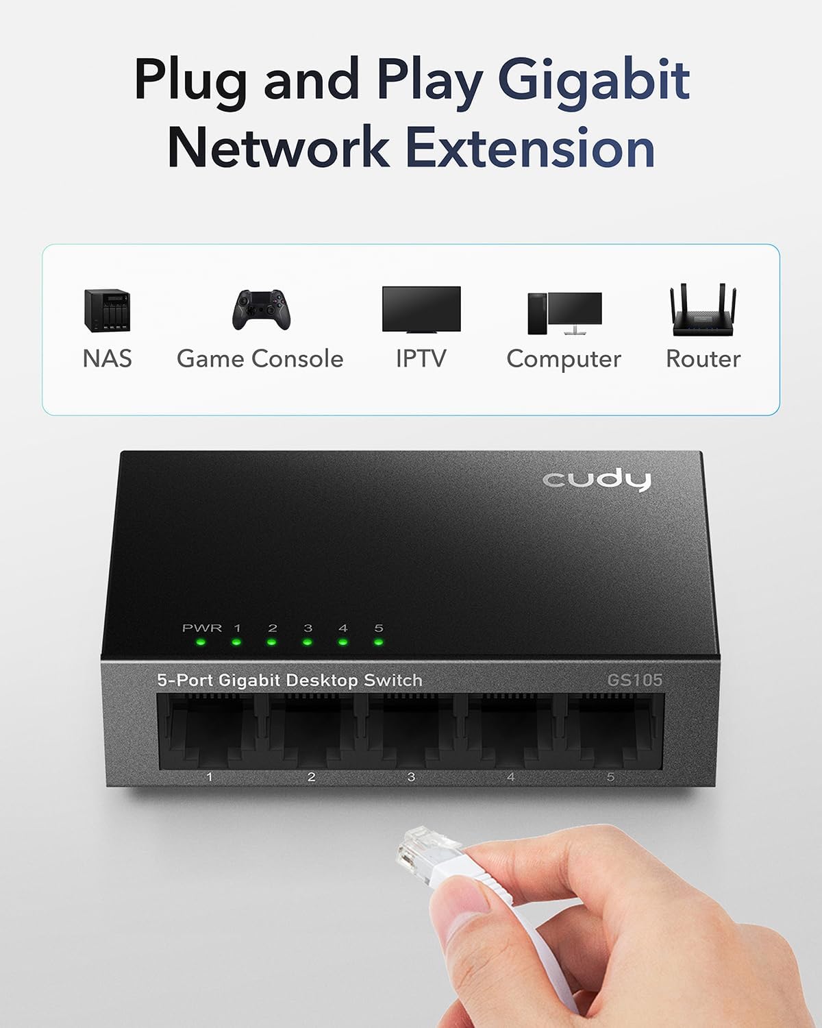 Cudy GS105 5-Port Gigabit Unmanaged Ethernet Switch | 10/100/1000Mbps RJ45 Ports, Desktop or Wall Mount, Energy Saving, Plug & Play, Fanless Metal Design
