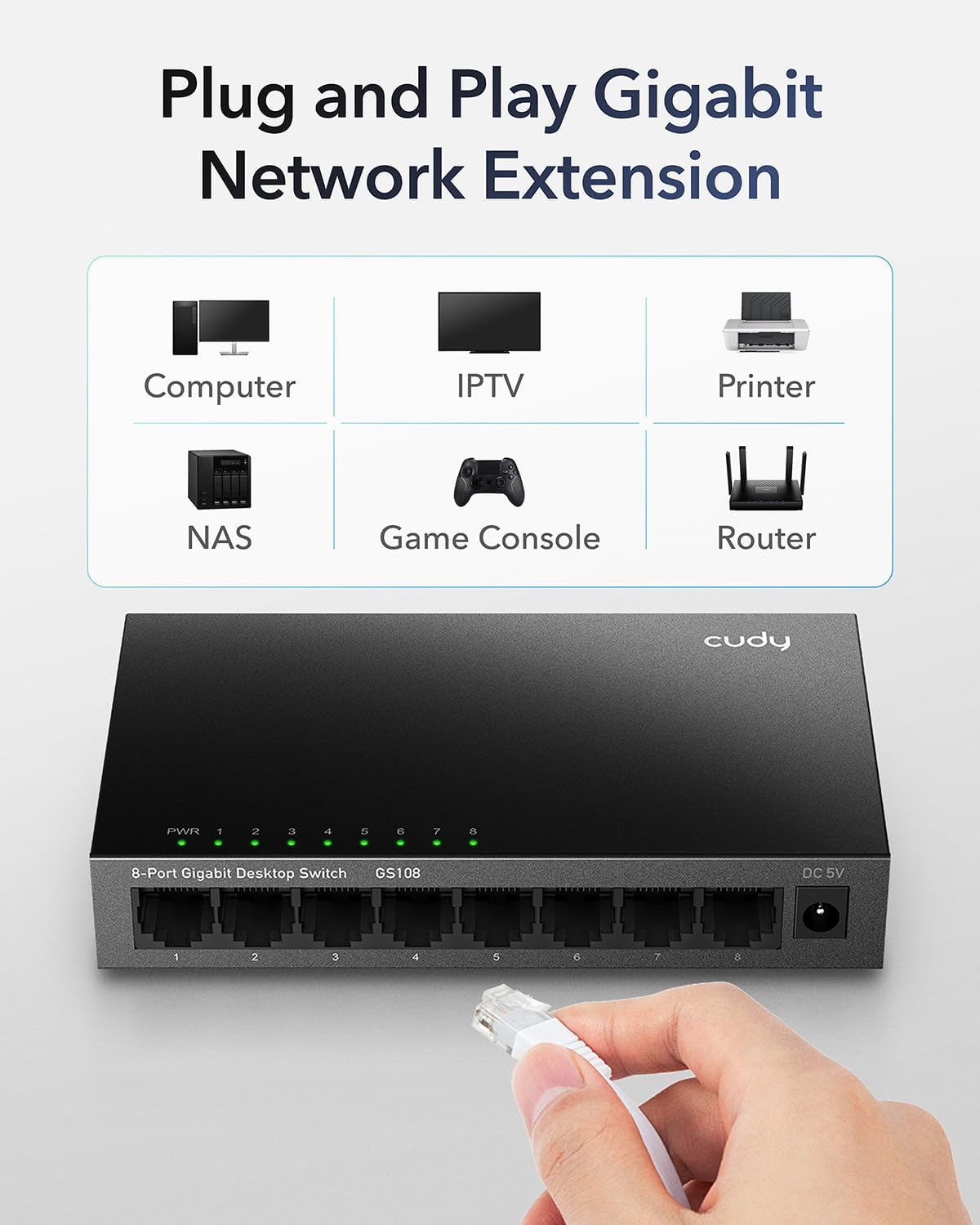 Cudy GS108 8-Port Gigabit Unmanaged Ethernet Switch | Ethernet Splitter Plug & Play Fanless Metal Design Shielded Ports Traffic Optimization