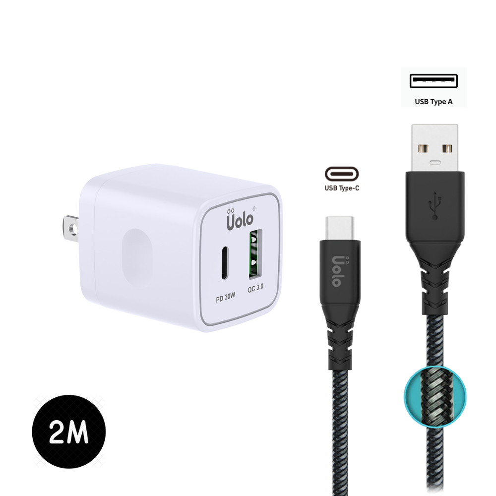 Uolo Power Bundle: 30W PD Wall Charger & 2m USB C to USB A Cable