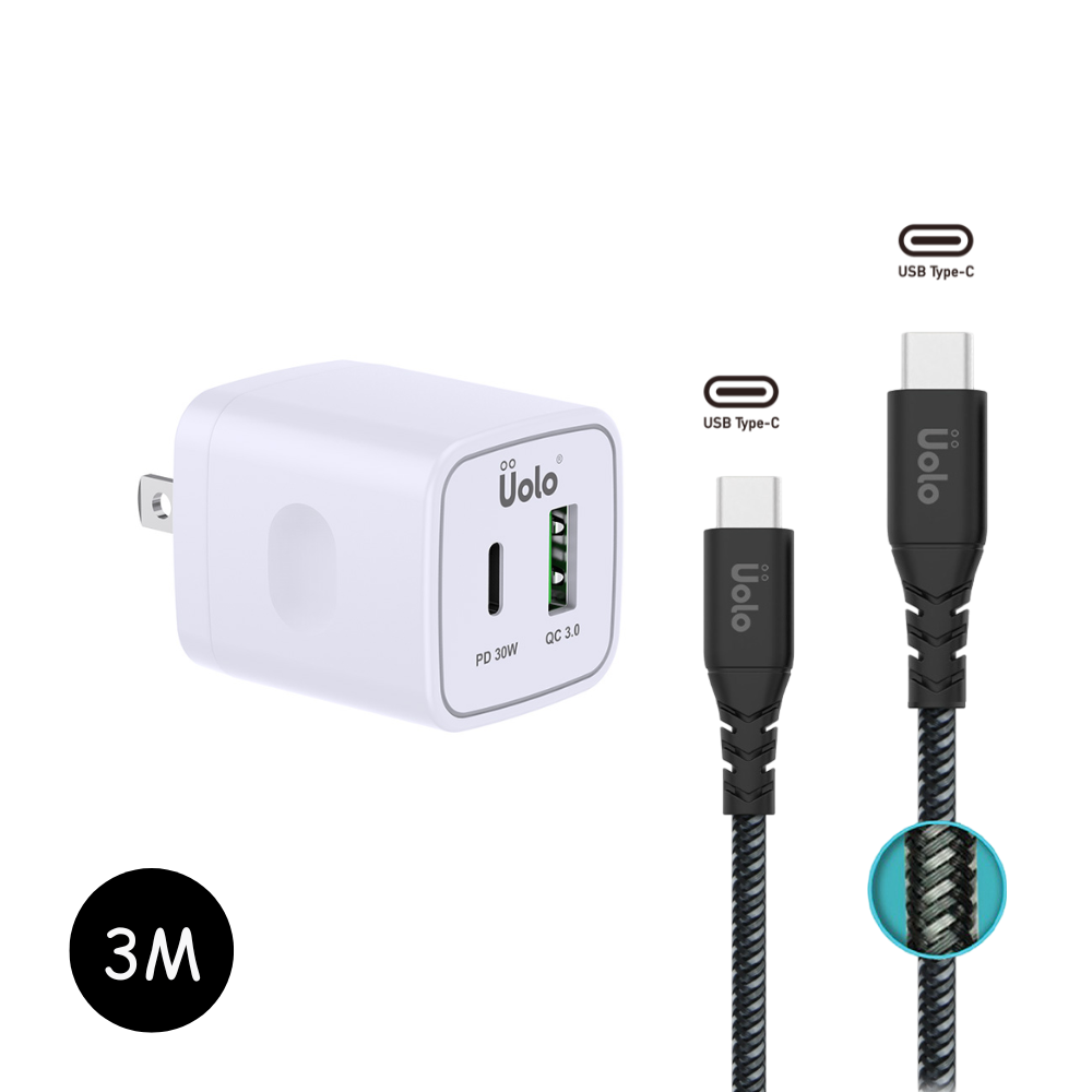 Uolo Power Bundle: 30W PD Wall Charger & 3m Braided USB C Cable