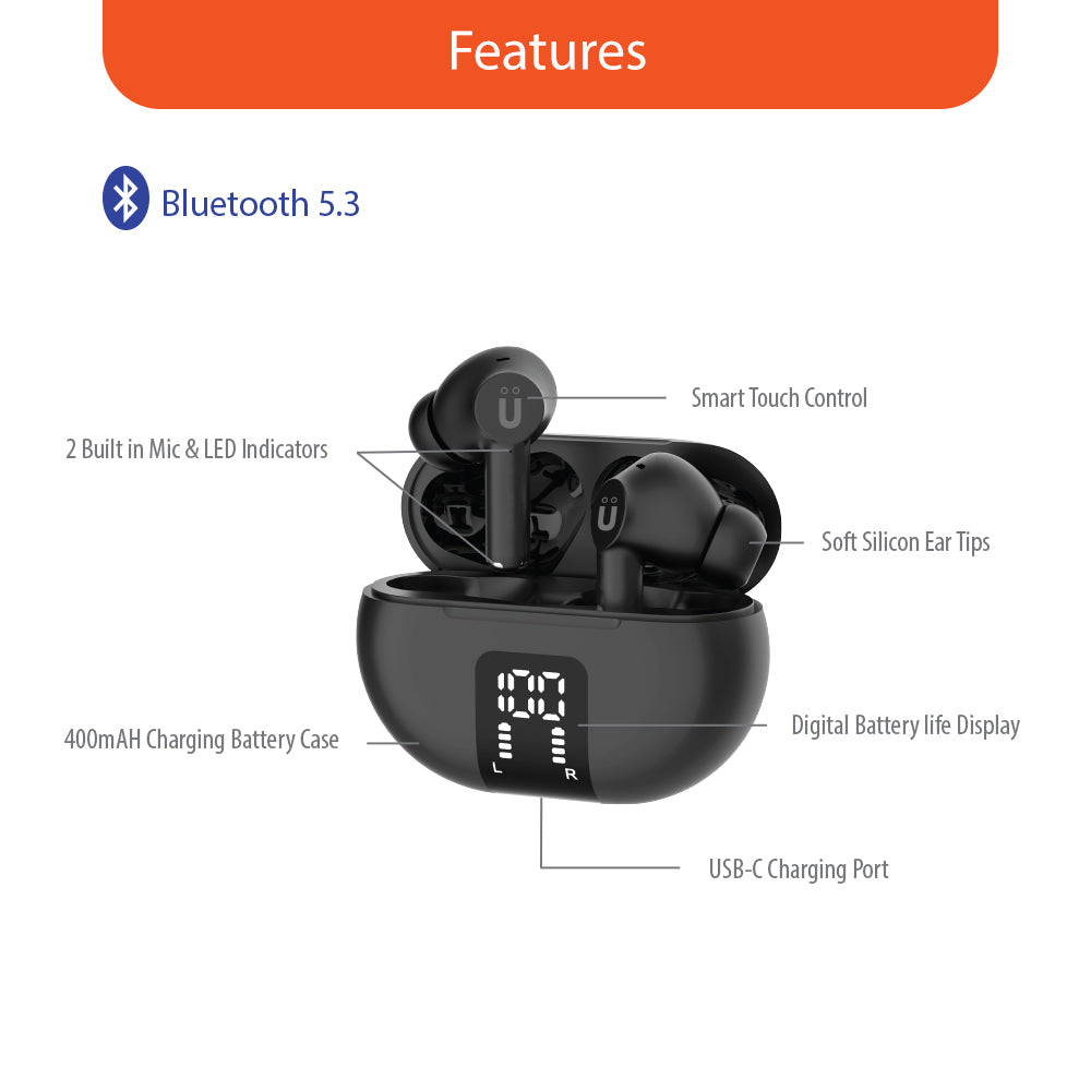 Uolo Pulse Elite 2 ANC/ENC True Wireless Headphones, White/Black