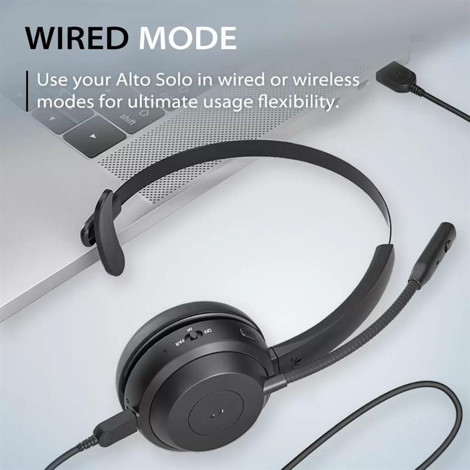 Avantalk Alto Solo Bluetooth 5.1 Wireless Headset with Noise-Canceling Microphone for PC, Computer, Laptop, Charging Dock, and Wired Headphones Mode