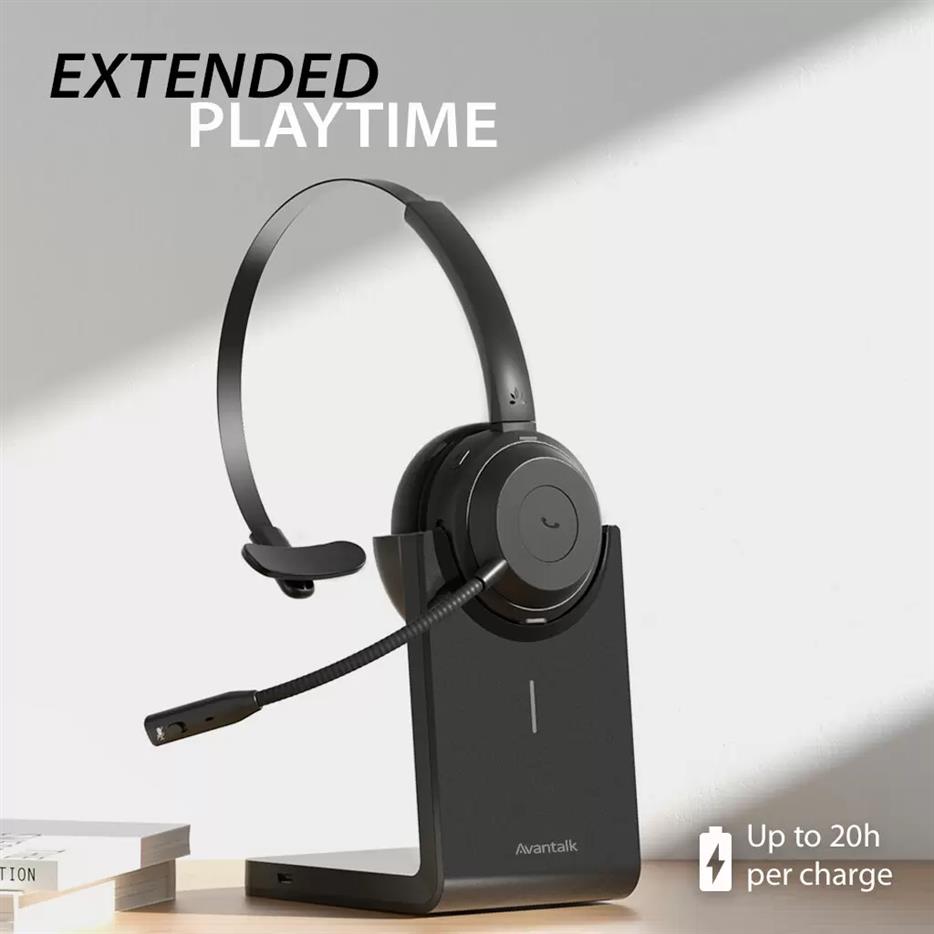 Avantalk Alto Solo Bluetooth 5.1 Wireless Headset with Noise-Canceling Microphone for PC, Computer, Laptop, Charging Dock, and Wired Headphones Mode