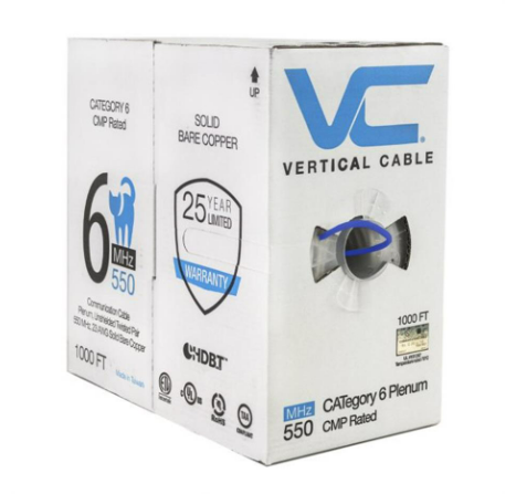 CAT6 Solid Bare Copper Plenum Cable, 1000ft. UTP, 550MHz, 23AWG, CMP, UL, Black/White