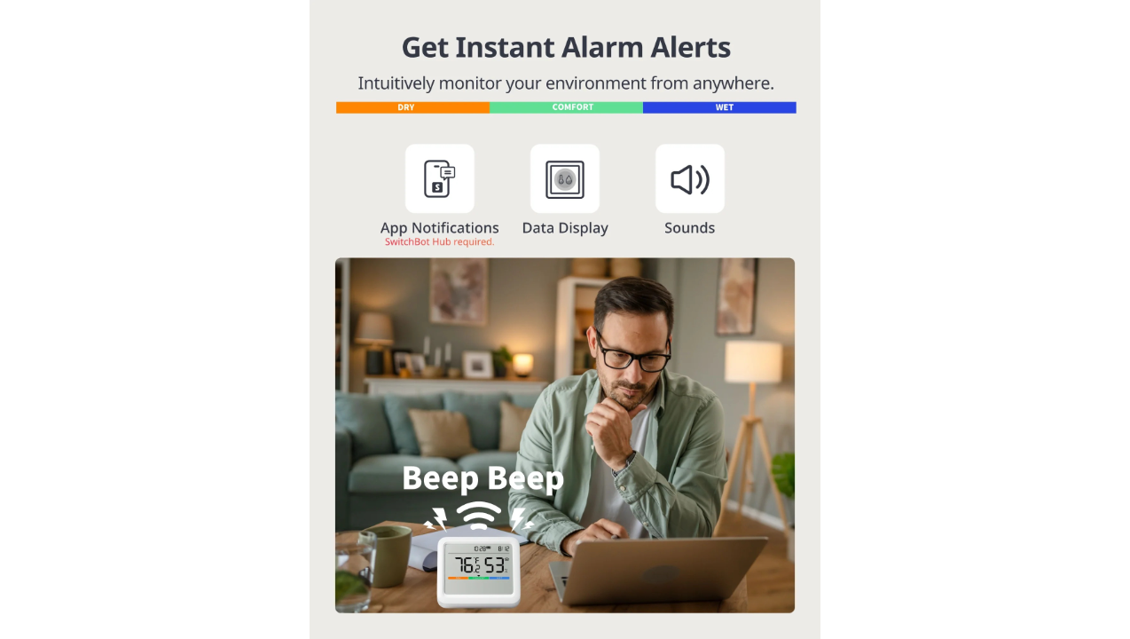 SwitchBot Bluetooth Temperature and Humidity Monitor Meter Pro, Wireless Indoor Hygrometer Sensor with App Control, Thermometer for Room, Free Data Storage Export, 120cm Bluetooth Range