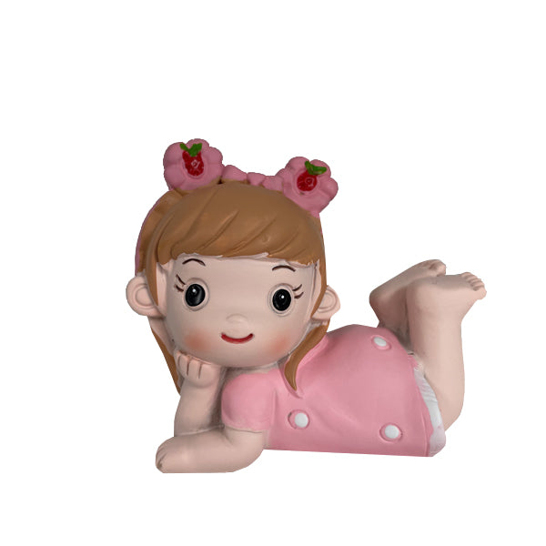 Cake Topper - Baby Girl Doll with Brown Hair and Pink Dress