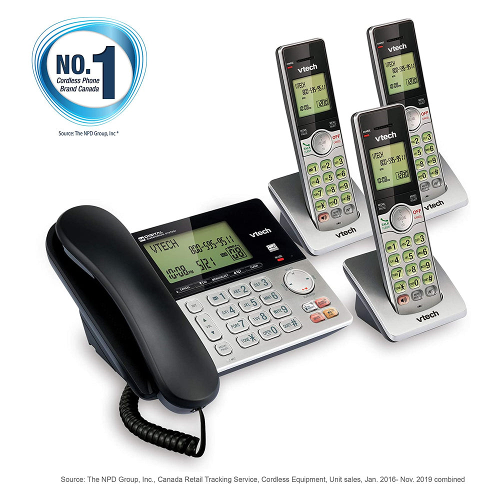 VTech CS6949-3 DECT 6.0 Corded/3-Cordless Telephone System, Black/Silver