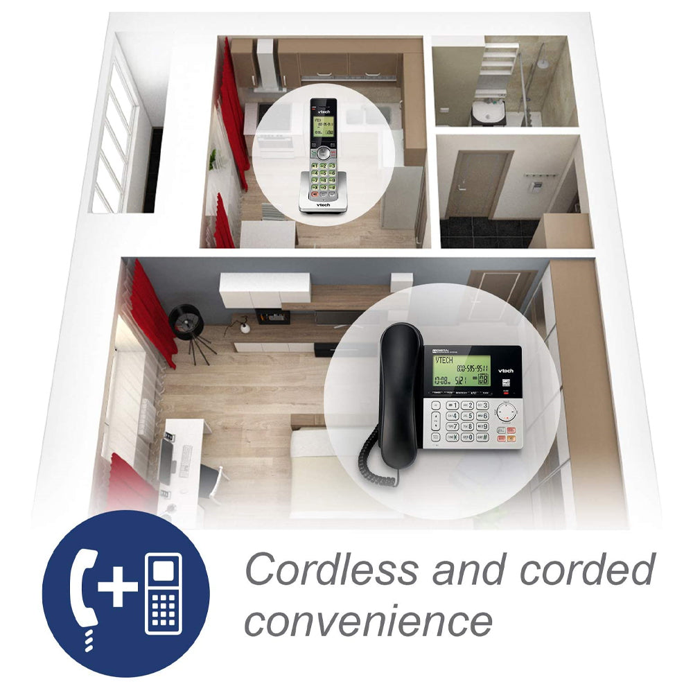 VTech CS6949-3 DECT 6.0 Corded/3-Cordless Telephone System, Black/Silver