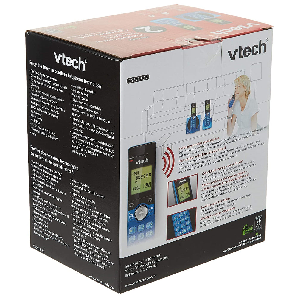 VTech 2-Handset DECT 6.0 Cordless Phone With Caller ID (CS6919-25) - Blue