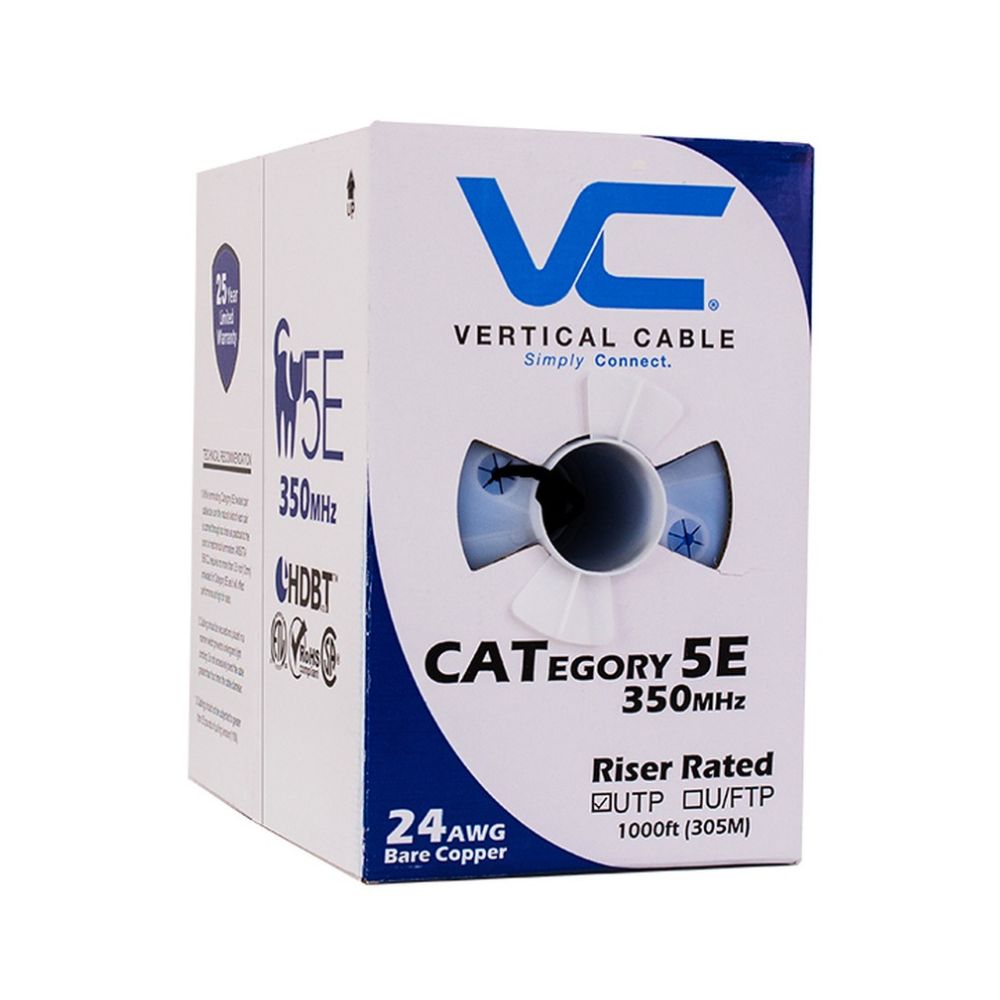 CAT5e Solid Bare Copper Riser Cable, 1000ft. UTP, 350MHz, 24AWG, CMR