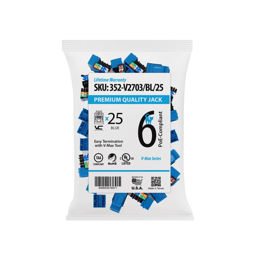 CAT6 Data Grade Keystone Jack, RJ45, 8×8, 25 Pack