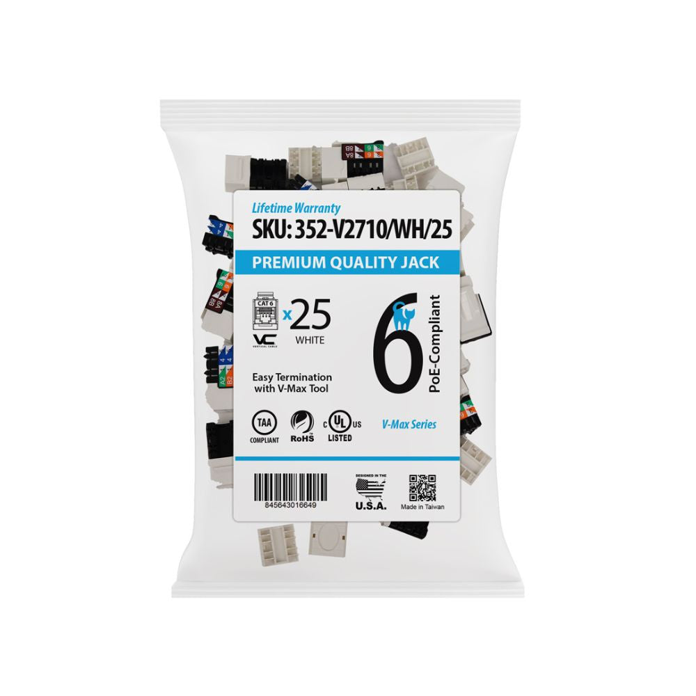 CAT6 Data Grade Keystone Jack, RJ45, 8×8, 25 Pack