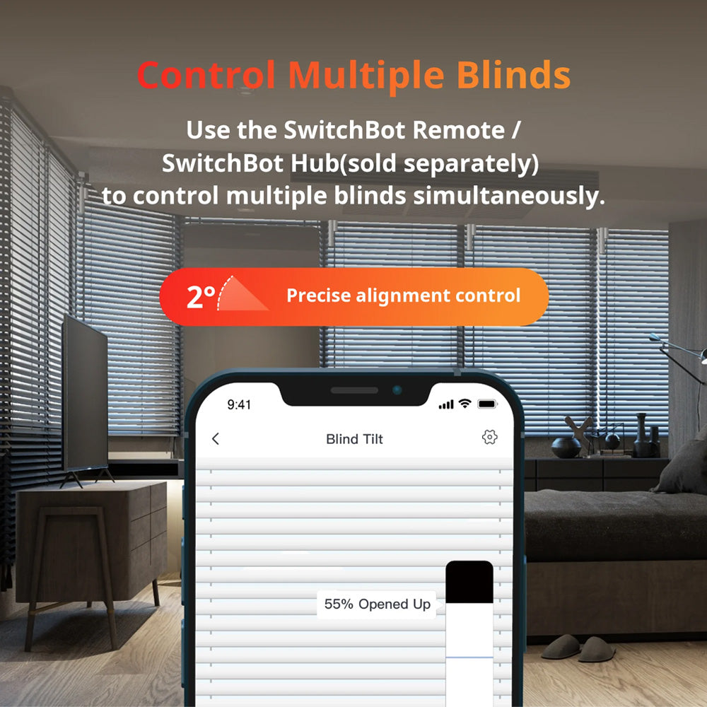 SwitchBot Blind Tilt | Smart Electric Blinds with Bluetooth Remote Control, Solar Powered, Light Sensing Control