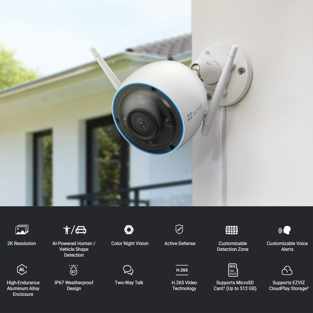 EZVIZ H3 3MP Outdoor WiFi Security Camera | Two-Way Audio, Smart AI Person/Vehicle Notifications