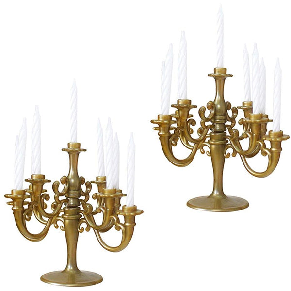 Cake Topper - Gold Mini Plastic Candle Stand with 9 Pcs White Candlesticks for Wedding & Birthday Cake