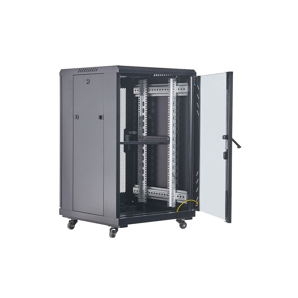 18U Cabinet on Casters with Brake, Locking Glass Door and 2 Fans (Unassembled), 600x600MM