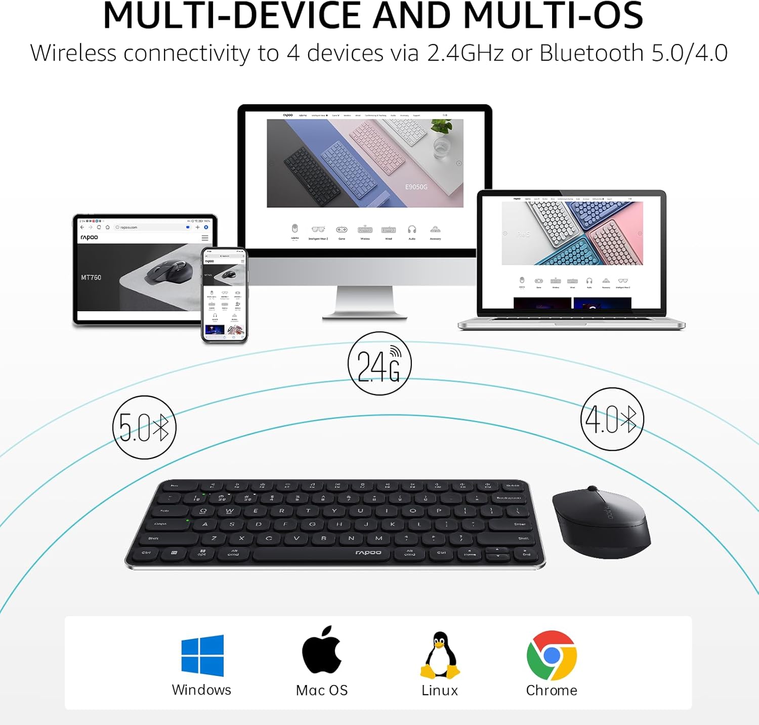 Rapoo 9010M Multi-mode Wireless Keyboard and Mouse Combo, Black