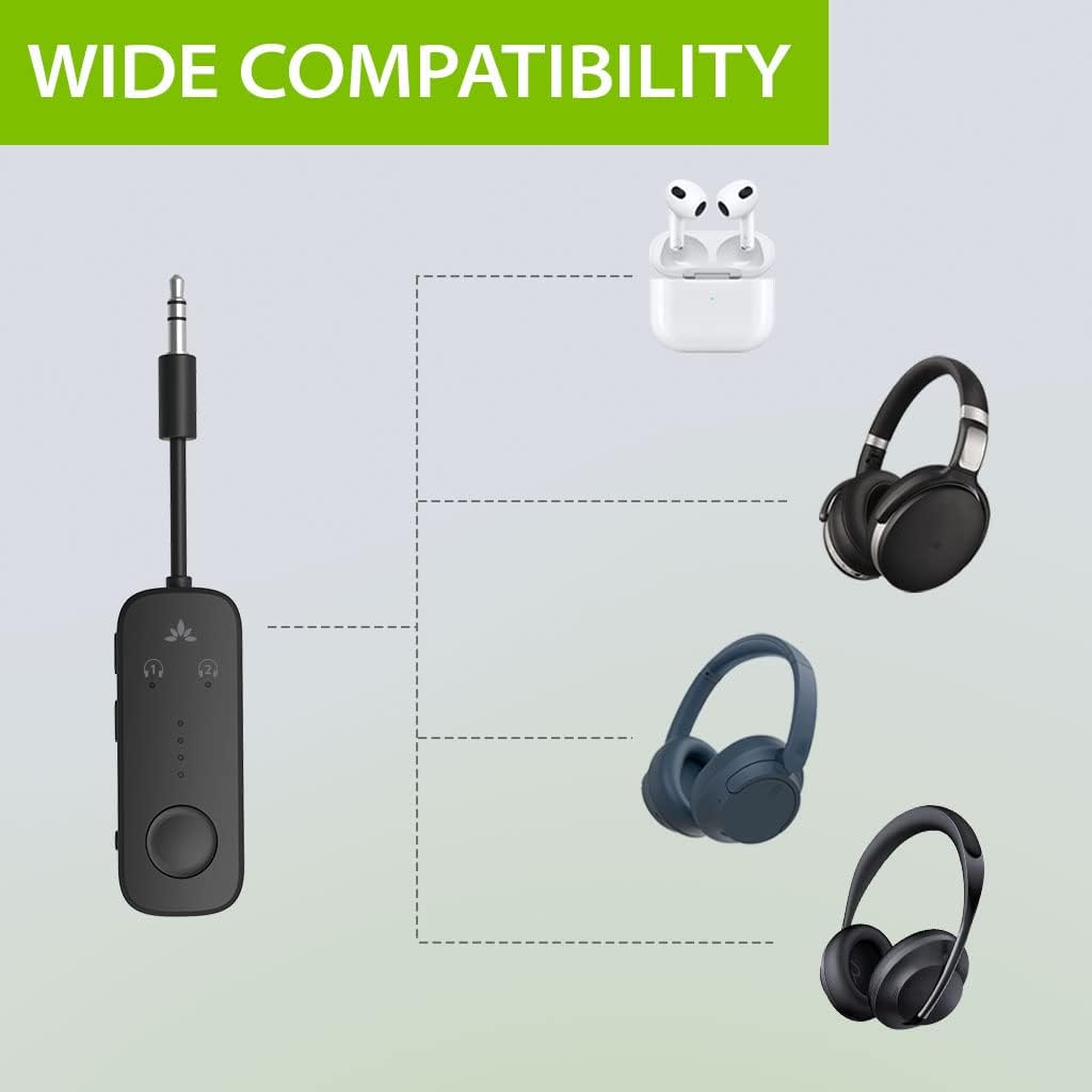 Avantree Relay Premium Airplane Bluetooth 5.3 Adapter for All Headphones, apt-X Low Latency, Supports 2 Headphones or AirPods, Wireless Audio Transmitter for in-Flight, iPad, Gym, TV, Tablets
