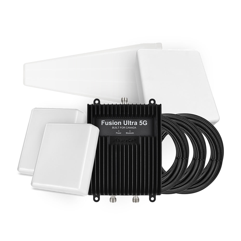 Fusion Ultra 5G commercial cell phone signal booster with two wall-mount antennas for improved cellular coverage