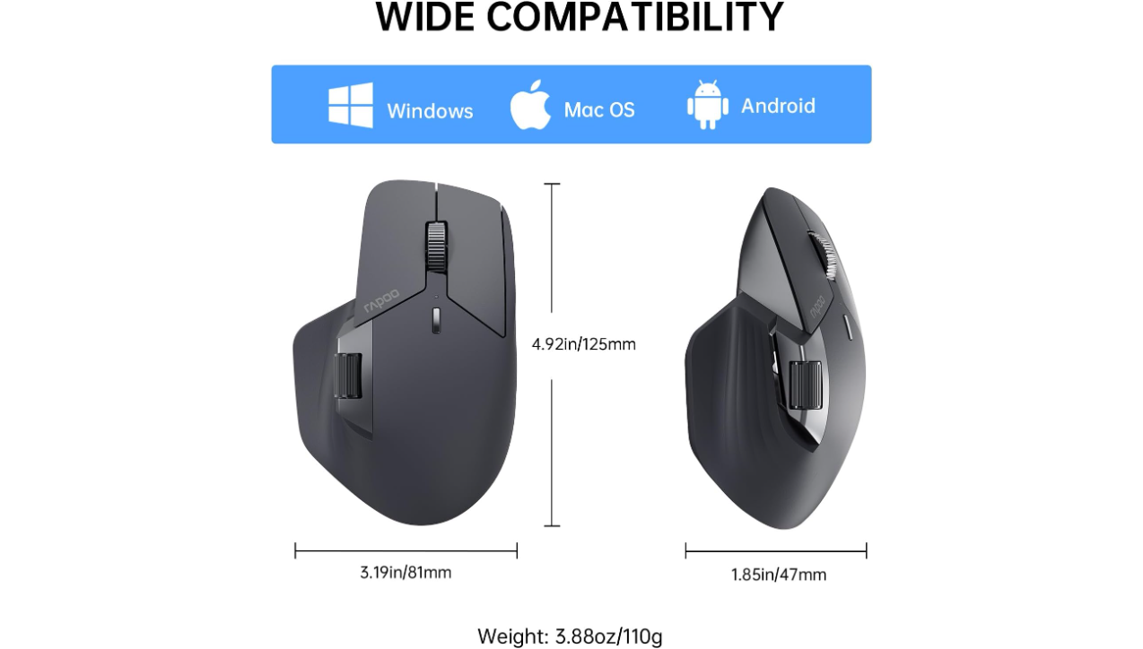 Rapoo MT760L Multi-mode Ergonomic Wireless Mouse, Black