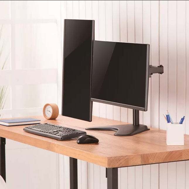 AMER Dual LED LCD Monitor Free-Standing Desk Stand for 2 Screens up to 32 inches | Heavy-Duty Fully Adjustable Arms with Max VESA 100x100mm (2EZSTAND)