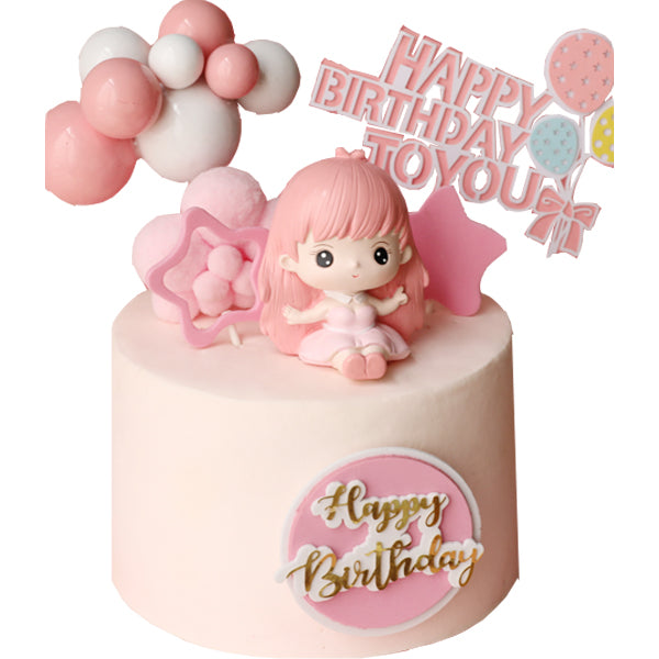 Cake Topper - Cute Fairy Doll with Pink Hair and Pink Dress