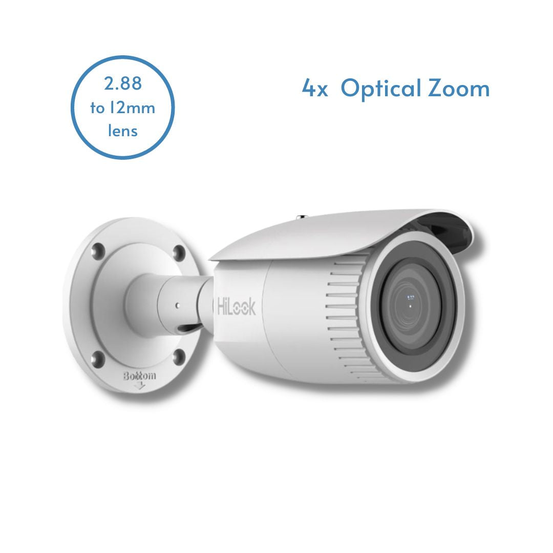 HiLook IPC-B640H-Z 4MP PoE Camera with 4X Optical Zoom | 2.8mm to 12mm Varifocal, Colour Night Vision, IP67 Certified, MicroSD Card Storage