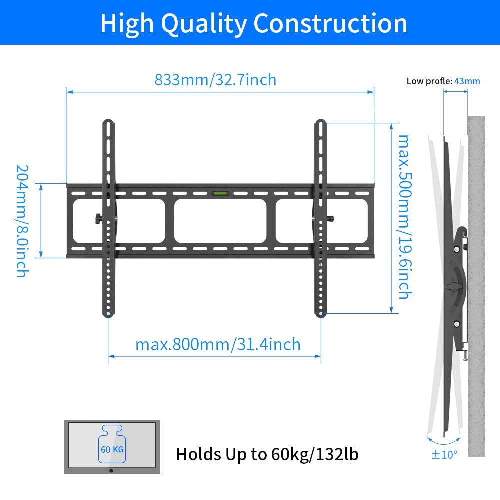 AMER Heavy Duty Low Profile Tilting Flat Panel Wall Mount, Max Panel Weight 132lbs Designed for Most of 40-100 inch LED, LCD, OLED Flat Screen Panel, Supports VESA800x500 (BIGASSMOUNT60T)