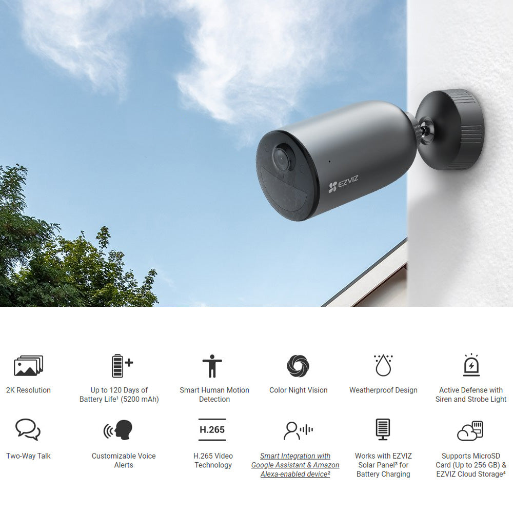 EZVIZ EB3 2K Battery-Powered Outdoor WiFi Camera, Two-Way Audio, Color Night Vision, Active Defense with Siren and Strobe Light