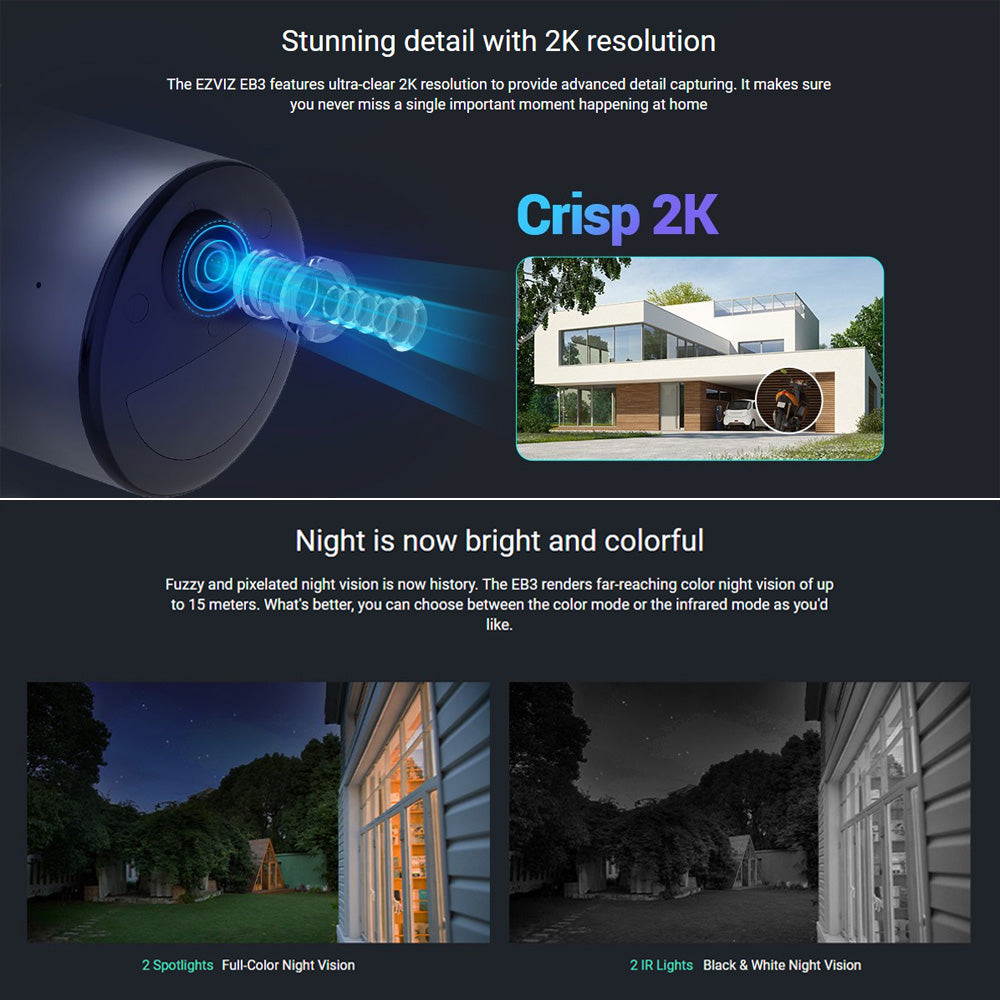EZVIZ EB3 2K Battery-Powered Outdoor WiFi Camera, Two-Way Audio, Color Night Vision, Active Defense with Siren and Strobe Light