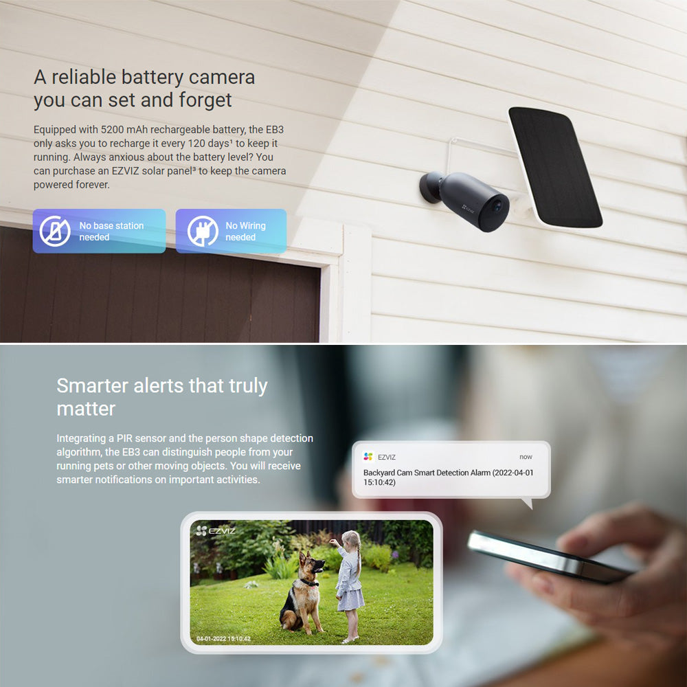 EZVIZ EB3 2K Battery-Powered Outdoor WiFi Camera, Two-Way Audio, Color Night Vision, Active Defense with Siren and Strobe Light