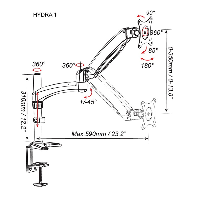 AMER Single Monitor Desk Mount w/ Clamp & Grommet Base | Heavy Duty Single Monitor Mount Holds VESA Screen up to 28" (HYDRA1)