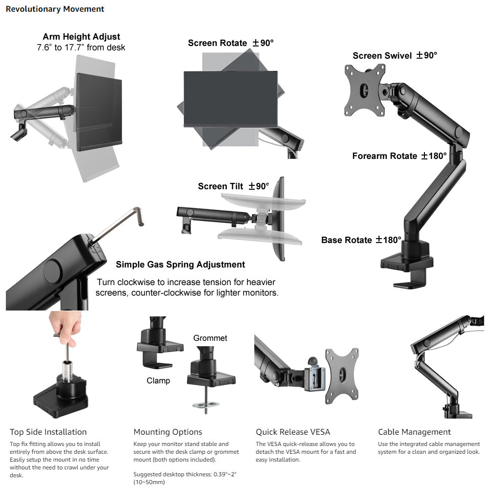 AMER Mounts Single Monitor Mount with Articulating Arm, 15'' to 32'' (HYDRA1B)