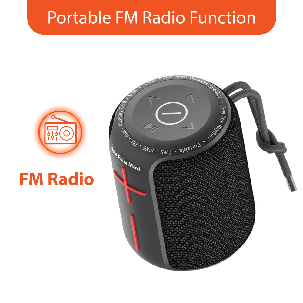 Uolo Pulse Mini Wireless & FM Radio Tuner [5W] Stereo Sound, Water Resistant, 8+ Hours Playtime Ultra-Portable Bluetooth Speaker