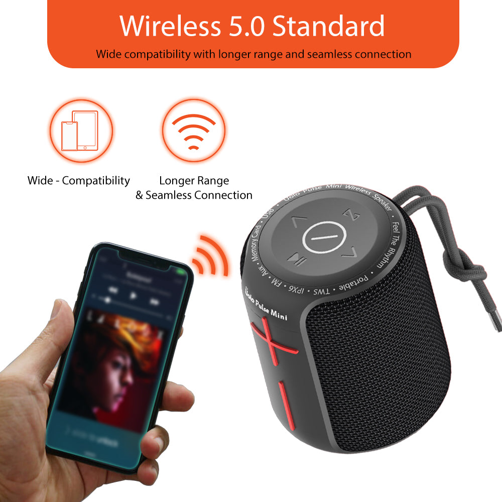 Uolo Pulse Mini Wireless & FM Radio Tuner [5W] Stereo Sound, Water Resistant, 8+ Hours Playtime Ultra-Portable Bluetooth Speaker