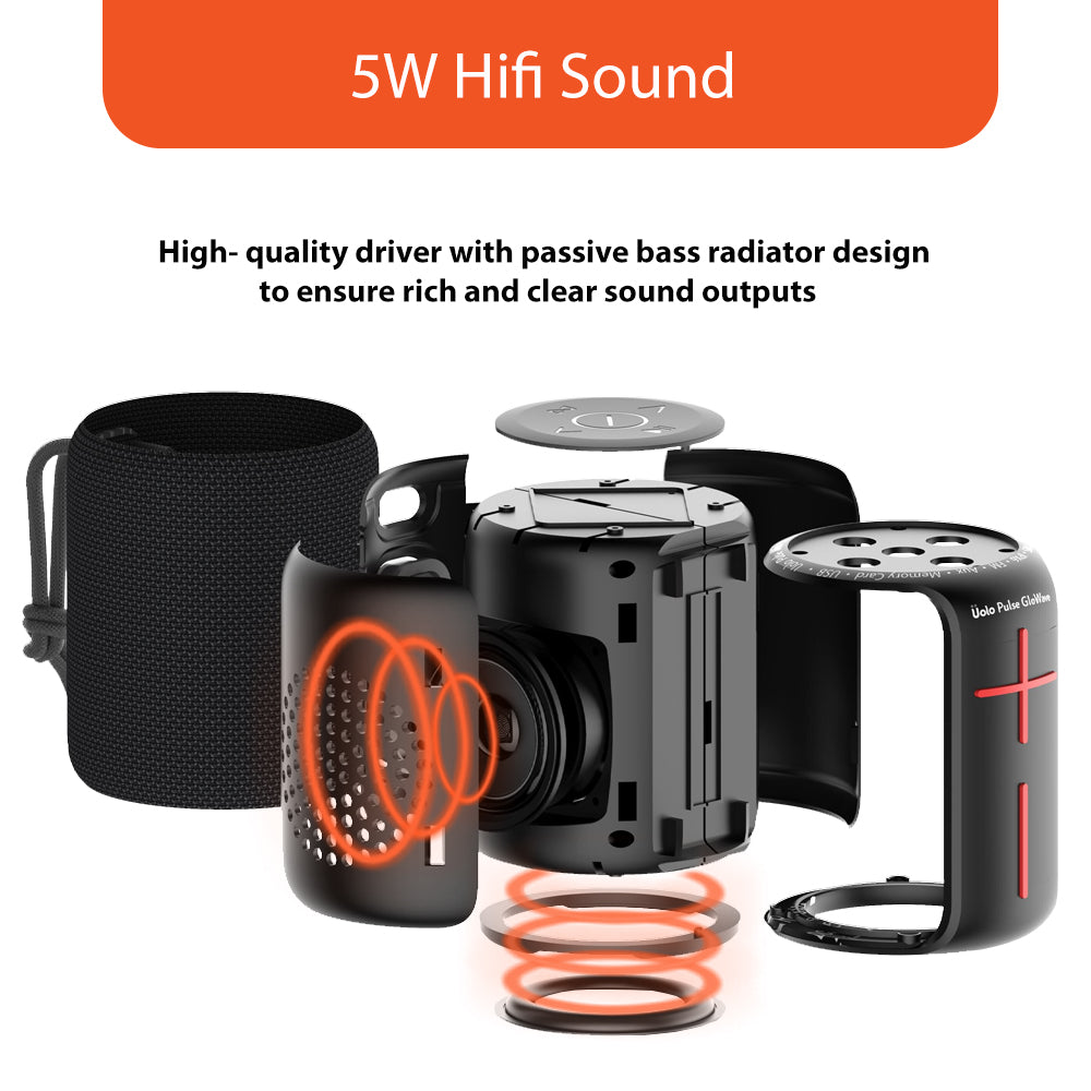 Uolo Pulse Mini Wireless & FM Radio Tuner [5W] Stereo Sound, Water Resistant, 8+ Hours Playtime Ultra-Portable Bluetooth Speaker