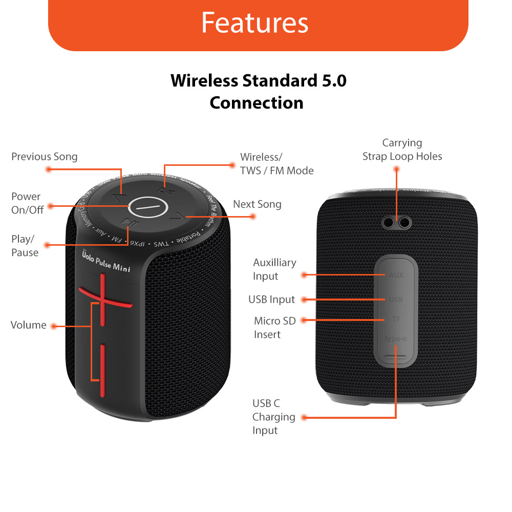 Uolo Pulse Mini Wireless & FM Radio Tuner [5W] Stereo Sound, Water Resistant, 8+ Hours Playtime Ultra-Portable Bluetooth Speaker
