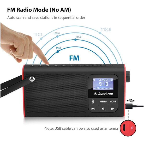 Avantree SP850 Rechargeable Portable FM Radio | Bluetooth Speaker and SD Card MP3 Player 3-in-1, Auto Scan Save, LED Display, Small Handheld Pocket Battery Operated Wireless Radio (No AM)